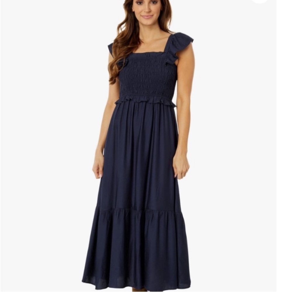 Anthropologie Moon River Midnight Blue Smocked Tiered Flutter Sleeve Maxi Dress